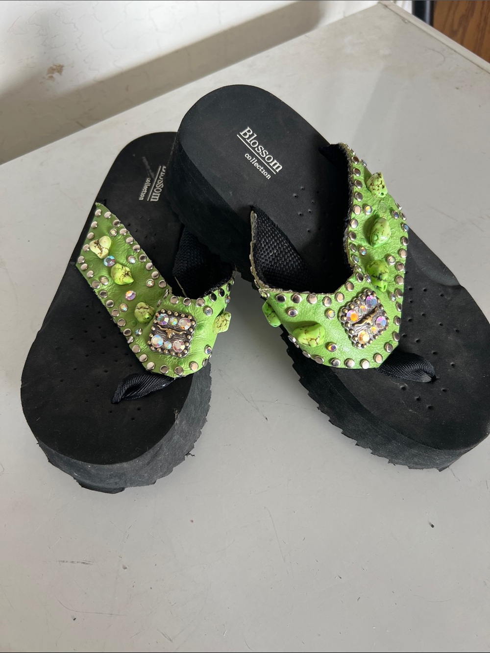 De Blossom Collection Lime Jeweled Platform Thong Sandals